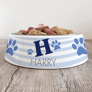 Personalised Dog Bowl - Initial Stripes Blue