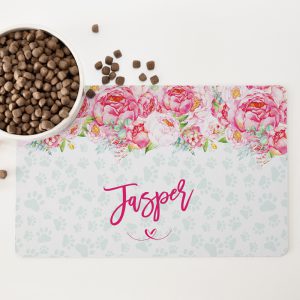 Personalised Non Slip Pet Bowl Mat - Minty Floral